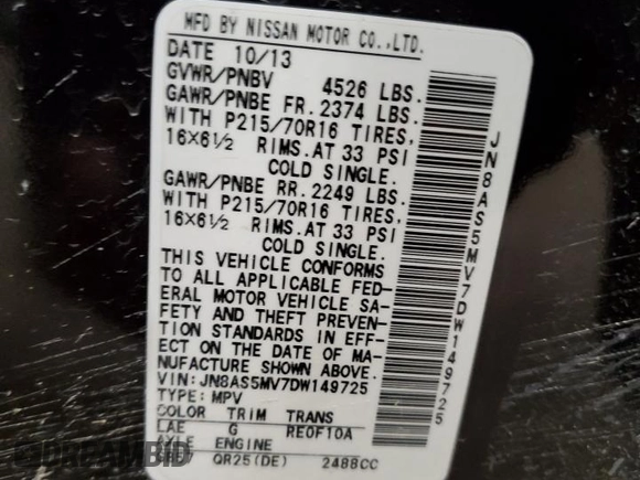 2013 Nissan Rogue S with VIN JN8AS5MV7DW149725, listed as a Copart auction lot 51955665 with 126,479 mi miles and Salvage Title. Bid and sale history available at DreamBid. Image 15.