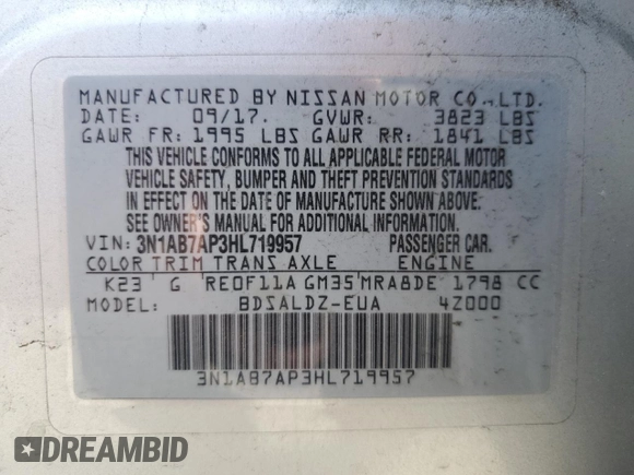 2017 Nissan Sentra SV with VIN 3N1AB7AP3HL719957, listed as a Copart auction lot 44334935 with 72,485 mi miles and Salvage Title. Bid and sale history available at carsss.com. Image 12.