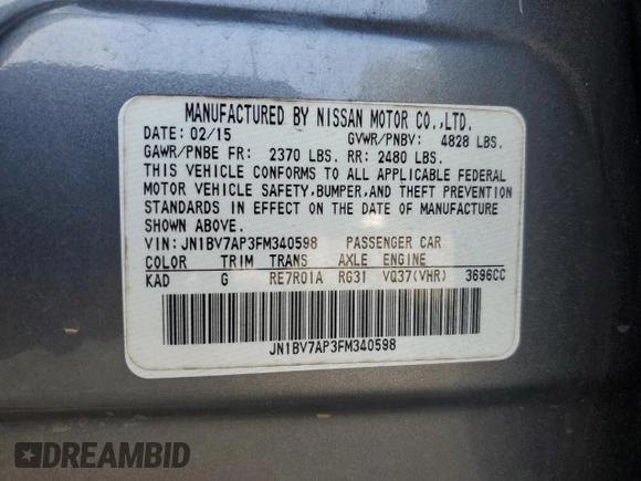 2015 Infiniti Q50 Premium with VIN JN1BV7AP3FM340598, listed as a Copart auction lot 50459855 with 104,938 mi miles and Salvage Title. Bid and sale history available at carsss.com. Image 12.