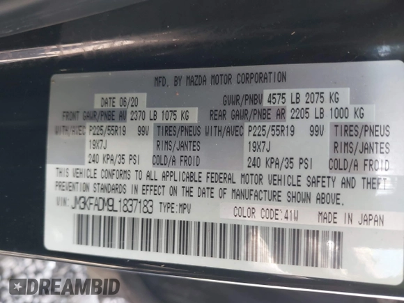 2020 Mazda CX-5 Grand Touring with VIN JM3KFADM9L1837183, listed as a IAAI auction lot 42340628 with 81,975 mi miles and . Bid and sale history available at DreamBid. Image 9.