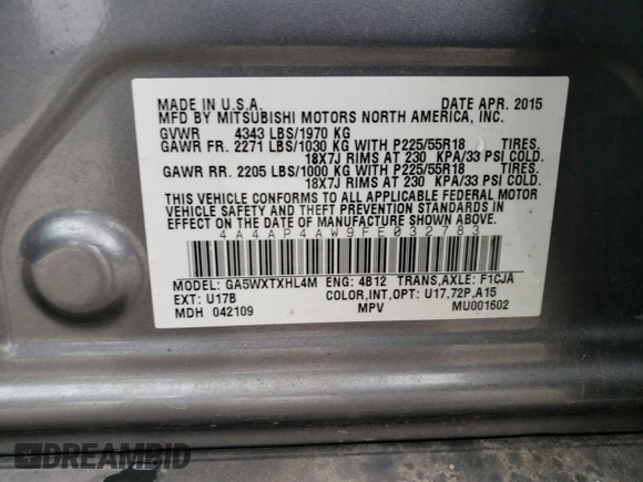2015 Mitsubishi Outlander Sport 2.4 GT with VIN 4A4AP4AW9FE032783, listed as a Copart auction lot 44136795 with 73,887 mi miles and Salvage Title. Bid and sale history available at carsss.com. Image 16.