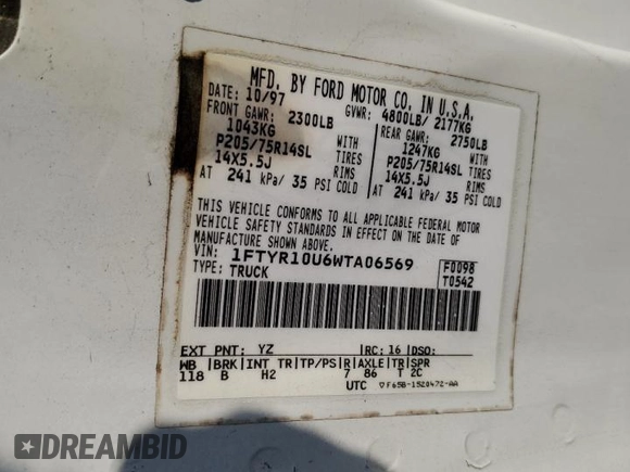 1998 Ford Ranger XL z VIN 1FTYR10U6WTA06569, wystawiony jako Copart lot #79088814 z przebiegiem 236 432 mil mil oraz Szkoda całkowita • Salvage title. Historia ofert i sprzedaży dostępna na DreamBid. Obrazek 14.