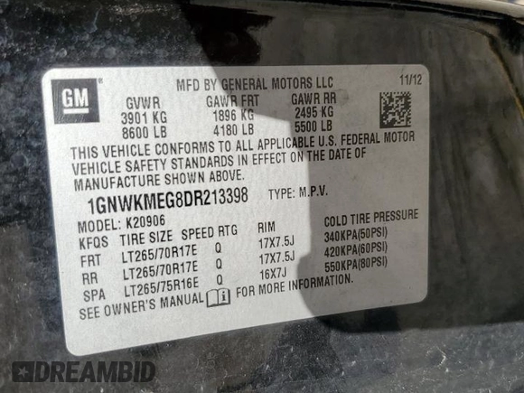 2013 Chevrolet Suburban with VIN 1GNWKMEG8DR213398, listed as a Copart auction lot 75192044 with 160,035 mi miles and Salvage title. Bid and sale history available at DreamBid. Image 13.