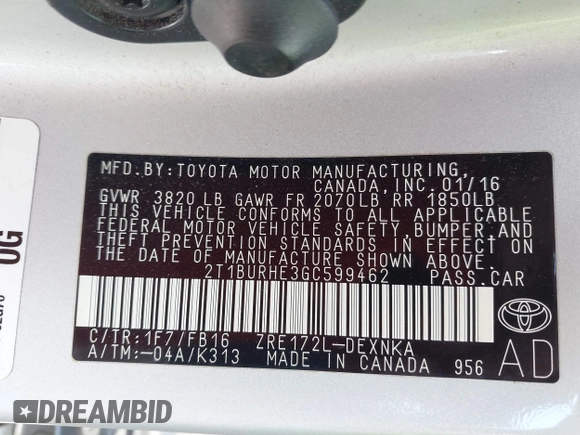 2016 Toyota Corolla L with VIN 2T1BURHE3GC599462, listed as a IAAI auction lot 42478922 with 104,125 mi miles and . Bid and sale history available at DreamBid. Image 9.