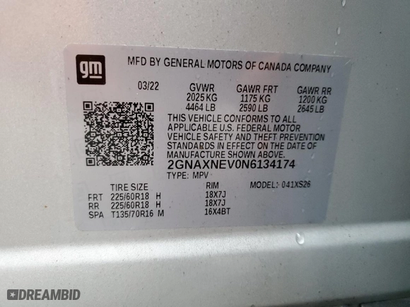 2022 Chevrolet Equinox Premier with VIN 2GNAXNEV0N6134174, listed as a Copart auction lot 43221385 with 98,761 mi miles and Salvage Title. Bid and sale history available at carsss.com. Image 13.
