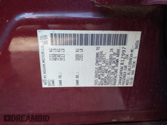 2010 Nissan Maxima SV с VIN 1N4AA5AP4AC812997, выставлен на аукционе IAAI как лот 41657107 с пробегом Не указан миль и . История ставок и продаж доступна на DreamBid. Изображение 9.