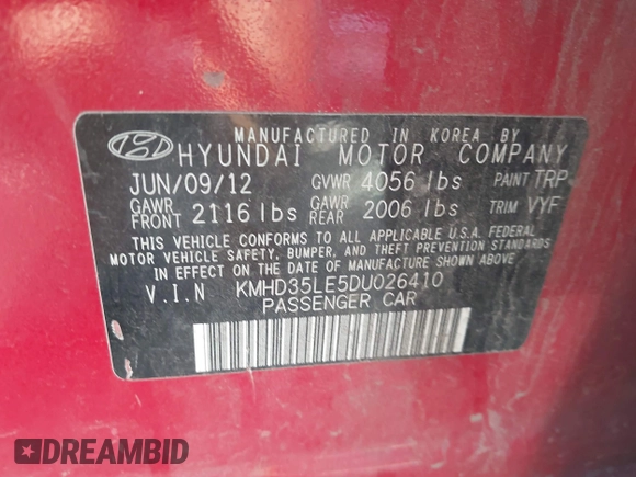 2013 Hyundai Elantra with VIN KMHD35LE5DU026410, listed as a IAAI auction lot 42522028 with 128,359 mi miles and . Bid and sale history available at DreamBid. Image 9.
