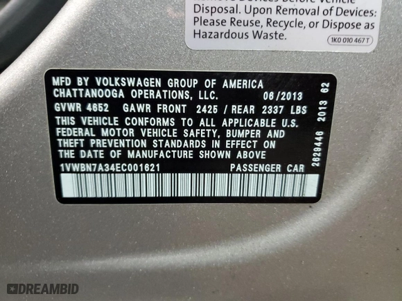 2014 Volkswagen Passat TDI SE w/Sunroof with VIN 1VWBN7A34EC001621, listed as a Copart auction lot 49226945 with 89,267 mi miles and Clean Title. Bid and sale history available at carsss.com. Image 12.