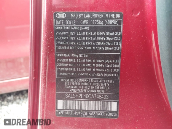 2012 Land Rover Range Rover Sport SC with VIN SALSH2E46CA748493, listed as a IAAI auction lot 42097851 with 57,676 mi miles and . Bid and sale history available at DreamBid. Image 9.
