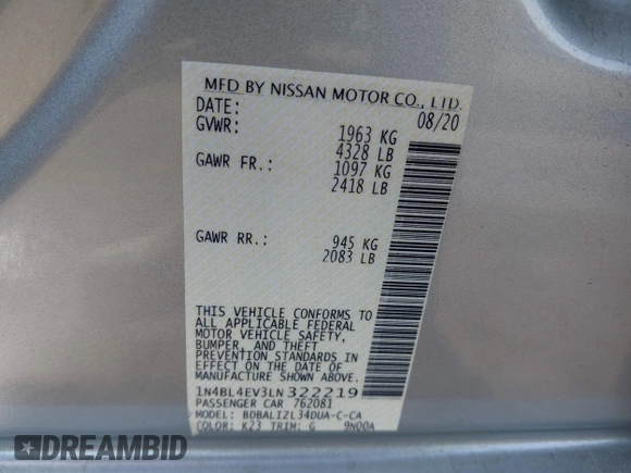 2020 Nissan Altima 2.5 SL with VIN 1N4BL4EV3LN322219, listed as a IAAI auction lot 41635181 with 11,574 mi miles. Bid and sale history available at carsss.com. Image 9.