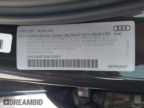 2017 Audi A6 Premium Plus with VIN WAUG8AFC2HN123907, listed as a IAAI auction lot 42609849 with 80,349 mi miles and . Bid and sale history available at DreamBid. Image 9.