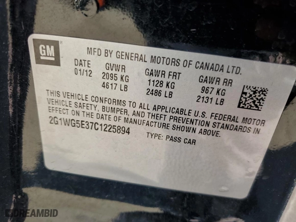 2012 Chevrolet Impala LT Fleet with VIN 2G1WG5E37C1225894, listed as a Copart auction lot 46701215 with 178,496 mi miles and Salvage Title. Bid and sale history available at carsss.com. Image 12.