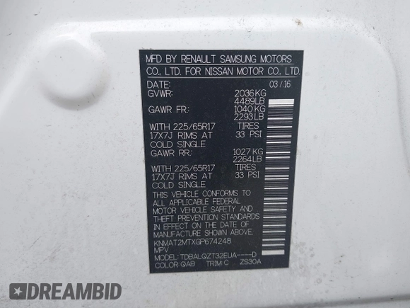 2016 Nissan Rogue S with VIN KNMAT2MTXGP674248, listed as a IAAI auction lot 41204924 with 68,023 mi miles and . Bid and sale history available at DreamBid. Image 9.