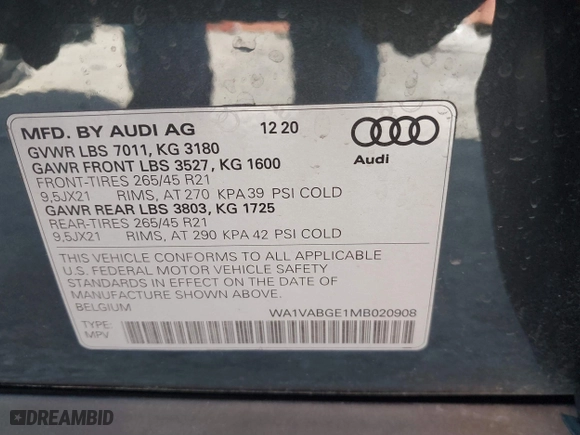 2021 Audi e-tron Chronos with VIN WA1VABGE1MB020908, listed as a IAAI auction lot 41576501 with 75,059 mi miles. Bid and sale history available at carsss.com. Image 9.