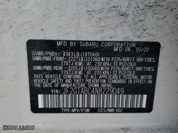 2022 Subaru Crosstrek with VIN JF2GTABC4N8229049, listed as a Copart auction lot 50972584 with 37,575 mi miles and Salvage Title. Bid and sale history available at carsss.com. Image 13.