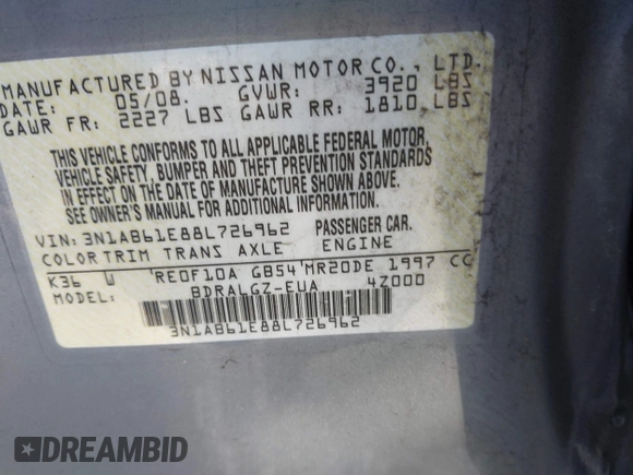 2008 Nissan Sentra S with VIN 3N1AB61E88L726962, listed as a IAAI auction lot 41885694 with 171,136 mi miles and . Bid and sale history available at DreamBid. Image 9.
