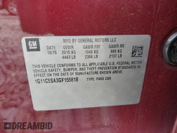 2016 Chevrolet Malibu Limited LT with VIN 1G11C5SA3GF155818, listed as a Copart auction lot 72963364 with 105,788 mi miles and Salvage Title. Bid and sale history available at carsss.com. Image 12.