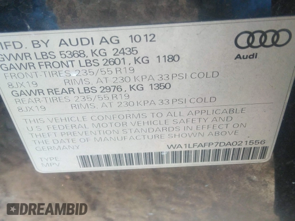 2013 Audi Q5 Premium Plus with VIN WA1LFAFP7DA021556, listed as a IAAI auction lot 41694445 with 271,631 mi miles. Bid and sale history available at carsss.com. Image 9.