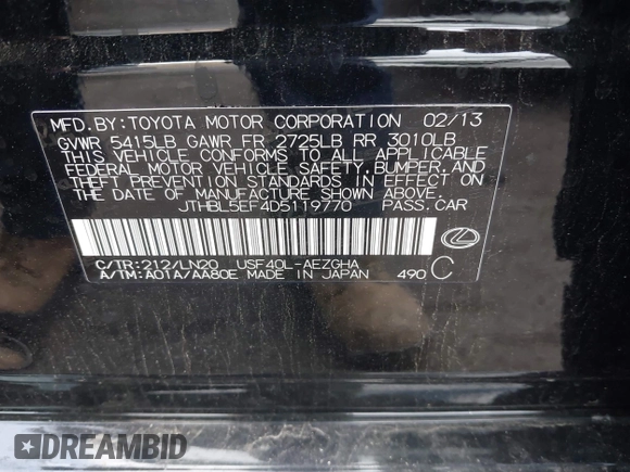 2013 Lexus LS 460 с VIN JTHBL5EF4D5119770, выставлен на аукционе IAAI как лот 42249648 с пробегом 130 460 миль миль и . История ставок и продаж доступна на DreamBid. Изображение 9.