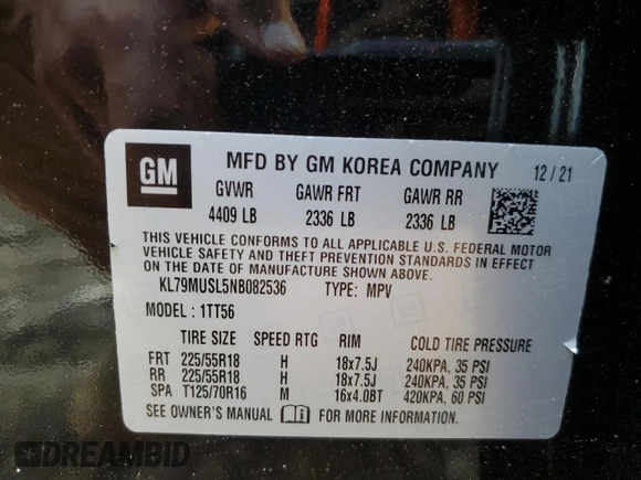 2022 Chevrolet TrailBlazer RS with VIN KL79MUSL5NB082536, listed as a Copart auction lot 64905334 with 35,872 mi miles and Salvage Title. Bid and sale history available at DreamBid. Image 13.