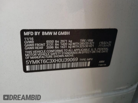 2017 BMW X5 M with VIN 5YMKT6C3XH0U39069, listed as a Copart auction lot 66013813 with 38,263 mi miles. Bid and sale history available at carsss.com. Image 12.
