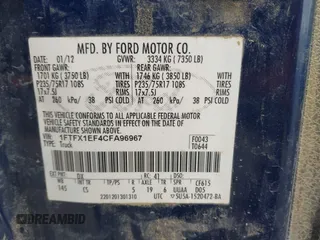 2012 Ford F-150 XL with VIN 1FTFX1EF4CFA96967, listed as a IAAI auction lot 41423830 with 215,958 mi miles. Bid and sale history available at carsss.com. Image 9.