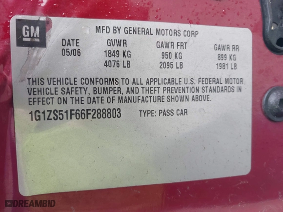 2006 Chevrolet Malibu LS w/1LS with VIN 1G1ZS51F66F288803, listed as a IAAI auction lot 41951203 with 125,135 mi miles. Bid and sale history available at carsss.com. Image 9.