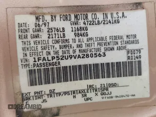 1997 Ford Taurus GL z VIN 1FALP52U9VA280563, wystawiony jako IAAI lot #42045413 z przebiegiem 219 484 mil mil oraz . Historia ofert i sprzedaży dostępna na DreamBid. Obrazek 9.