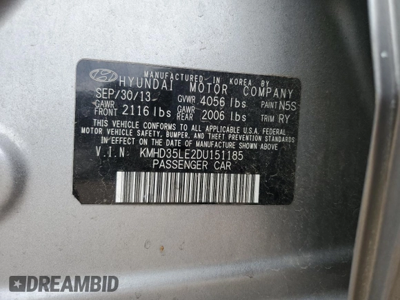 2013 Hyundai Elantra with VIN KMHD35LE2DU151185, listed as a Copart auction lot 56899545 with 62,934 mi miles and Salvage title. Bid and sale history available at DreamBid. Image 13.