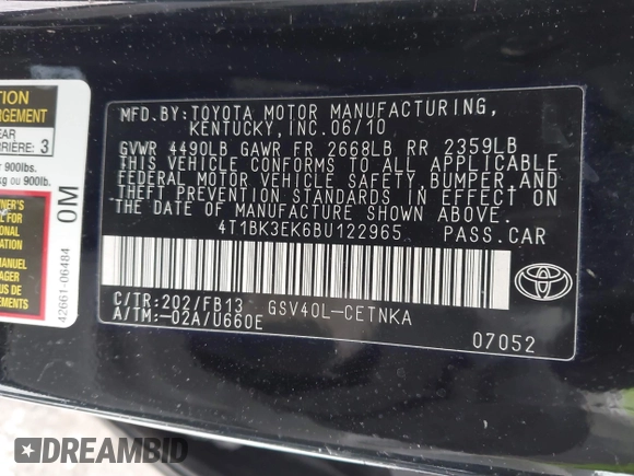 2011 Toyota Camry LE with VIN 4T1BK3EK6BU122965, listed as a IAAI auction lot 41311299 with 54,586 mi miles. Bid and sale history available at carsss.com. Image 9.