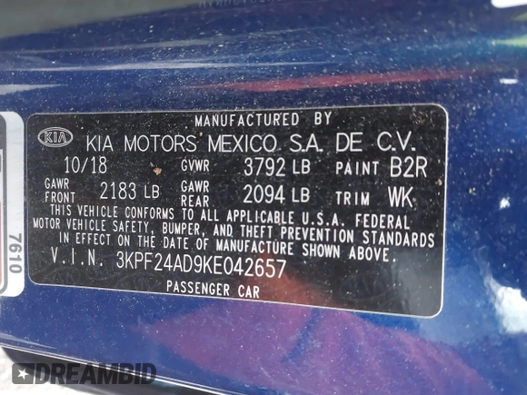 2019 Kia Forte LXS with VIN 3KPF24AD9KE042657, listed as a IAAI auction lot 41932787 with 53,221 mi miles and . Bid and sale history available at carsss.com. Image 9.