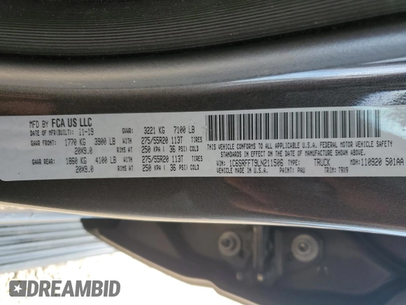 2020 Ram 1500 Big Horn with VIN 1C6SRFFT9LN211506, listed as a Copart auction lot 60098125 with 275,402 mi miles and Non repairable. Bid and sale history available at DreamBid. Image 12.