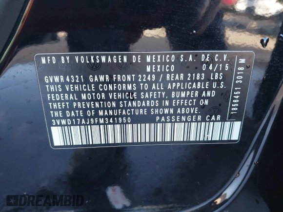 2015 Volkswagen Jetta Sedan 1.8T SE with VIN 3VWD17AJ9FM341950, listed as a IAAI auction lot 41778772 with 121,954 mi miles. Bid and sale history available at carsss.com. Image 9.