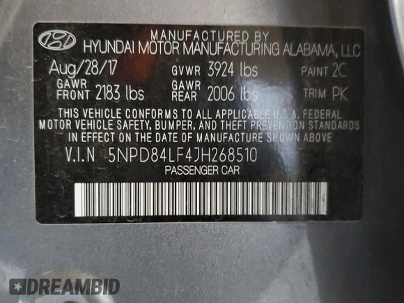 2018 Hyundai Elantra SEL with VIN 5NPD84LF4JH268510, listed as a Copart auction lot 53891015 with 117,827 mi miles and Salvage Title. Bid and sale history available at DreamBid. Image 12.