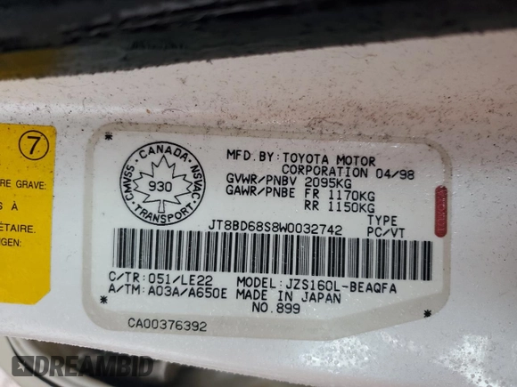 1998 Lexus GS 300 z VIN JT8BD68S8W0032742, wystawiony jako Copart lot #58038025 z przebiegiem 285 020 mil mil oraz Czysty tytuł • Clean title. Historia ofert i sprzedaży dostępna na DreamBid. Obrazek 12.