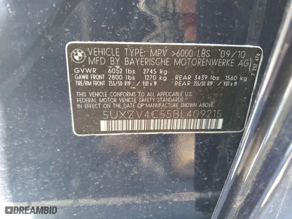 2011 BMW X5 35i with VIN 5UXZV4C55BL409215, listed as a Copart auction lot 53169885 with 166,012 mi miles and Clean Title. Bid and sale history available at carsss.com. Image 12.