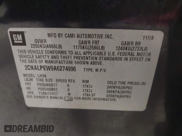 2010 Chevrolet Equinox LT w/2LT with VIN 2CNALPEW9A6274996, listed as a IAAI auction lot 41941733 with 200,105 mi miles. Bid and sale history available at carsss.com. Image 9.