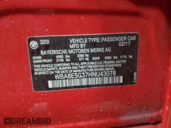 2017 BMW 3 Series 320i xDrive with VIN WBA8E5G37HNU43078, listed as a Copart auction lot 57571625 with 126,559 mi miles and Salvage title. Bid and sale history available at DreamBid. Image 12.