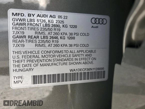 2022 Audi Q3 S line Premium with VIN WA1DECF36N1128695, listed as a Copart auction lot 61494915 with 26,725 mi miles and Salvage title. Bid and sale history available at DreamBid. Image 13.