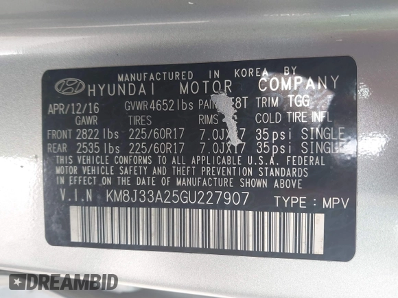 2016 Hyundai Tucson Limited with VIN KM8J33A25GU227907, listed as a IAAI auction lot 42211605 with 142,578 mi miles. Bid and sale history available at carsss.com. Image 9.