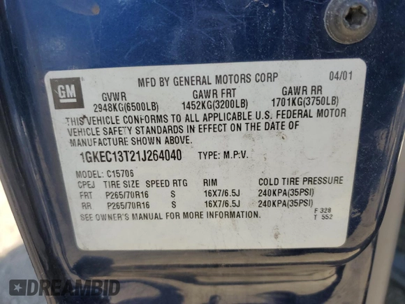 2001 GMC Yukon SLT z VIN 1GKEC13T21J264040, wystawiony jako Copart lot #46282145 z przebiegiem 136 264 mil mil oraz Szkoda całkowita • Salvage title. Historia ofert i sprzedaży dostępna na DreamBid. Obrazek 13.