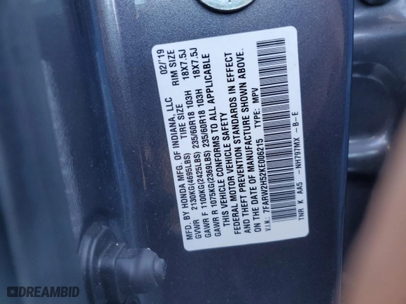 2019 Honda CR-V EX with VIN 7FARW2H52KE006215, listed as a Copart auction lot 87748865 with 124,335 mi miles and Salvage Title. Bid and sale history available at carsss.com. Image 12.