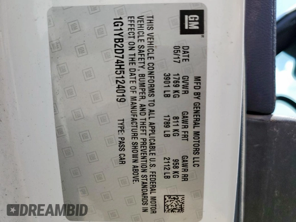 2017 Chevrolet Corvette 1LT with VIN 1G1YB2D74H5124019, listed as a Copart auction lot 61194775 with Not provided miles and Clean title. Bid and sale history available at DreamBid. Image 12.