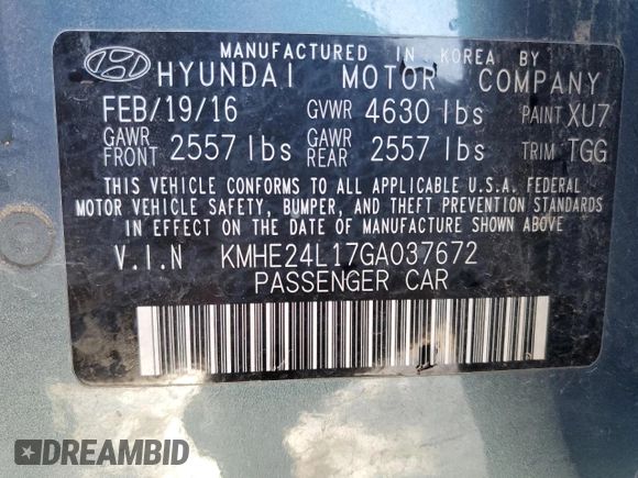 2016 Hyundai Sonata Hybrid SE with VIN KMHE24L17GA037672, listed as a Copart auction lot 38761553 with 47,885 mi miles. Bid and sale history available at carsss.com. Image 12.