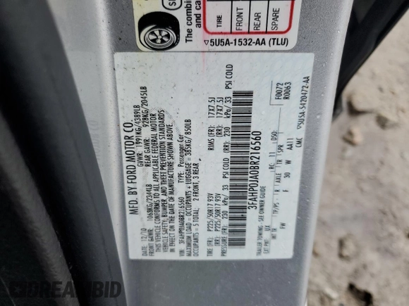 2011 Ford Fusion SEL with VIN 3FAHP0JA0BR216560, listed as a Copart auction lot 52294725 with 86,642 mi miles and Clean Title. Bid and sale history available at carsss.com. Image 12.
