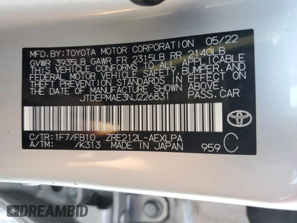 2022 Toyota Corolla LE with VIN JTDEPMAE3NJ226831, listed as a Copart auction lot 47880715 with 45,566 mi miles and Salvage Title. Bid and sale history available at carsss.com. Image 12.