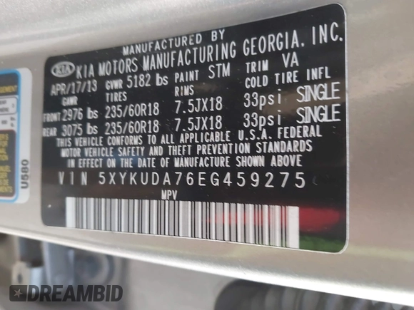 2014 Kia Sorento EX with VIN 5XYKUDA76EG459275, listed as a IAAI auction lot 41740999 with Not Provided miles. Bid and sale history available at carsss.com. Image 9.