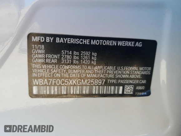2019 BMW 7 Series 750i with VIN WBA7F0C5XKGM25897, listed as a Copart auction lot 86758004 with 68,700 mi miles and Salvage title. Bid and sale history available at DreamBid. Image 13.