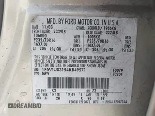 2004 Ford Escape XLT с VIN 1FMYU03154KB49571, выставлен на аукционе IAAI как лот 42055325 с пробегом 213 680 миль миль и . История ставок и продаж доступна на DreamBid. Изображение 9.