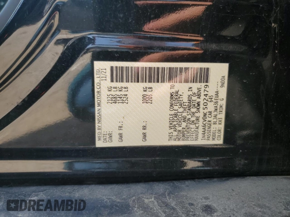 2022 Nissan Maxima SV with VIN 1N4AA6CV0NC502479, listed as a Copart auction lot 60921625 with 28,070 mi miles and Salvage title. Bid and sale history available at DreamBid. Image 12.